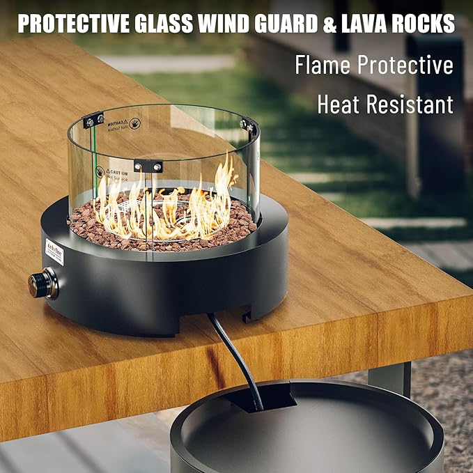 ONLYFIRE OUTDOOR LIVING Detachable Gas Fire Pit with Lava Rocks, Glass Shield & Wheels, Smokeless Propane Fireplace with Hose for Patio Backyard Camping RV Tailgating Restaurant Beach, Round, #FP034