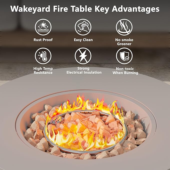 32 inch Outdoor Propane Fire Table, Round Patio Fire Pit Table, 50,000 BTU Gas FirePit with Lid, Cover, Lava Rocks, CSA Certified, Grey