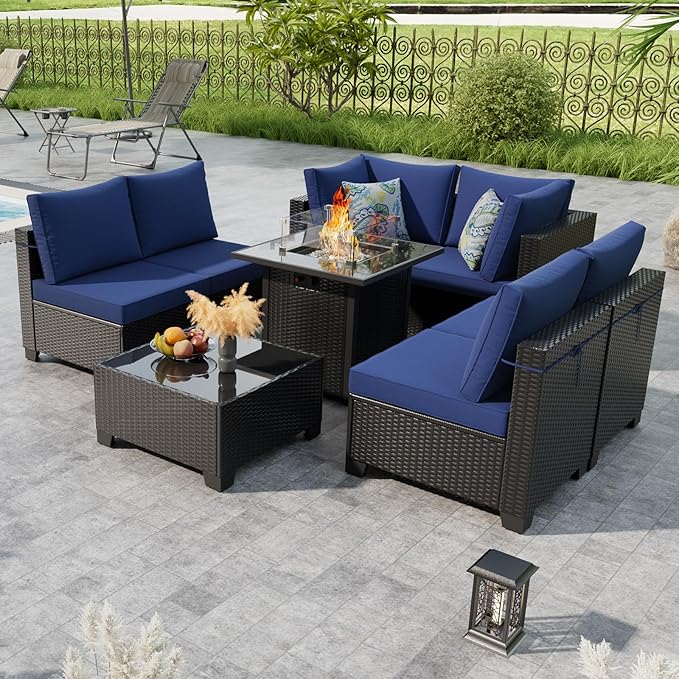 Patio Furniture Set with Fire Pit Table, 8 Piece Wicker Outdoor Sectional Set with Thick Cushions, Patio Sofa for Porch Garden Backyard Deck, Coffee/Blue