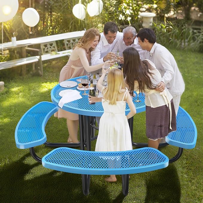 46" Round Top Outdoor Picnic Table Set for Up to 8 Persons, Outside Table Set with 4 Built-in Benches, Metal Commercial-Grade Dining Furniture with Umbrella Hole for Garden, Backyard, Porch, Blue