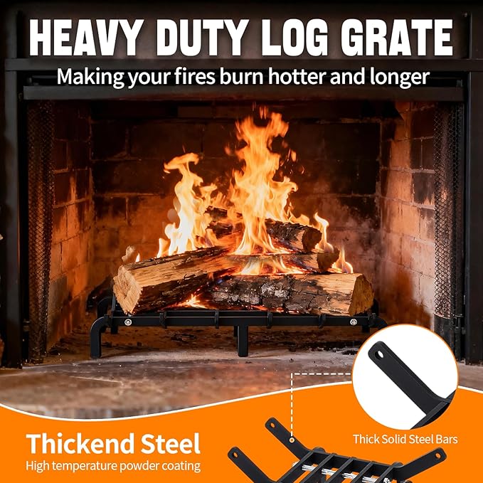 Fireplace Grates 26.9 inch Fire Place Grate Heavy Duty High Carbon Steel Fireplace Log Grate for Indoor Outdoor Firewood Stove Log Holder Rack Wood Burning Fireplace Accessories