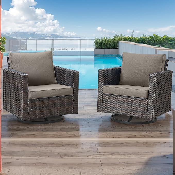 HUMMUH 3-Piece Patio Swivel Chairs,PE Wicker Outdoor Rocking Chairs Bistro Set with Side Table Porch Balcony Furniture with Cushions