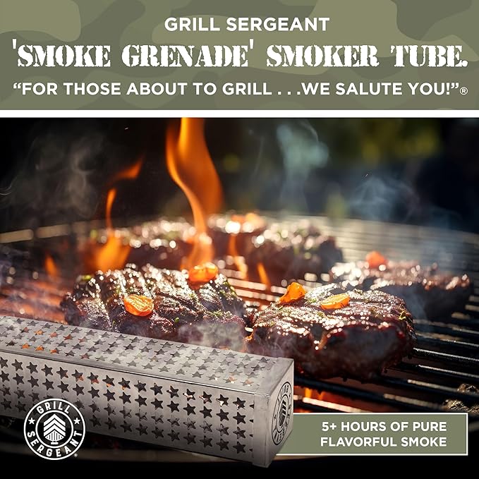 GRILL SERGEANT Smoker Tube, Forever Guarantee, Patented Elevation Bar, Cold & Hot Pellet Smoking, Thick Stainless Steel, 5+ Hours Billowing Smoke, Grills and Smokers, Cheese, Fish, Pork, Beef, Nuts