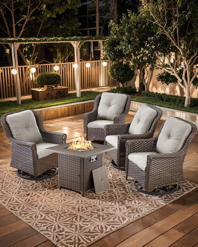 Outdoor Patio Swivel Gliders with Fire Pit Table 5 Piece Set - High Back Brown Wicker Rattan Rocking Chair with Thick Cushion for Porch Apartment Deck Yard Poolside Garden - Beige