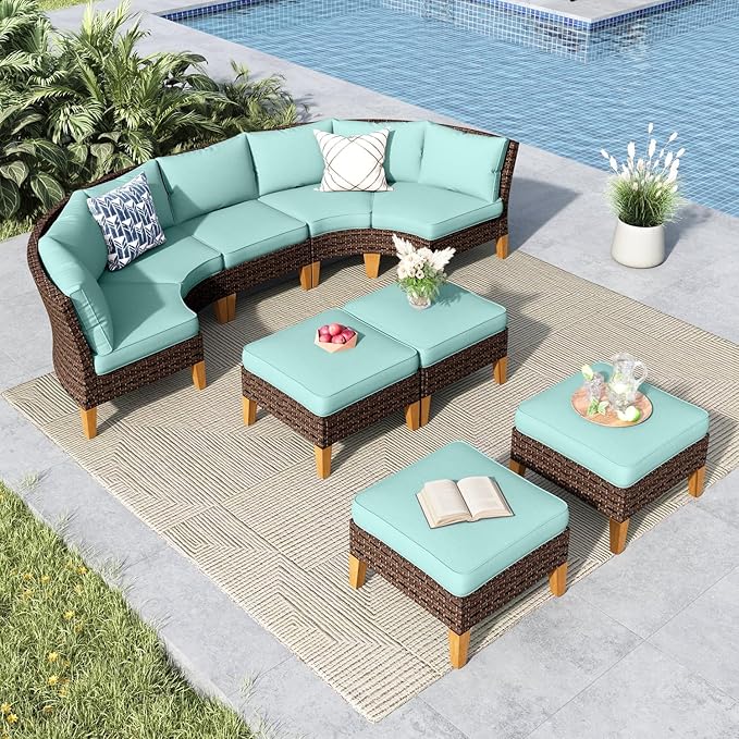 MFSTUDIO 9 Pieces Extra Large Wicker Patio Furniture Set, All-Weather Rattan Outdoor Conversation Half-Moon Sectional Sofa Set, 4 x Curved Sofa, 1 x Armless Couch, 4 x Ottomans(Aqua Blue Cushion)