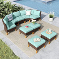 MFSTUDIO 9 Pieces Extra Large Wicker Patio Furniture Set, All-Weather Rattan Outdoor Conversation Half-Moon Sectional Sofa Set, 4 x Curved Sofa, 1 x Armless Couch, 4 x Ottomans(Aqua Blue Cushion)