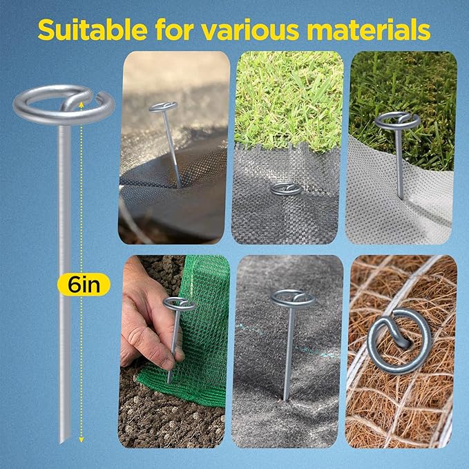 Landscape Fabric Pins, Thickened 8 Gauge Circle Top Landscape Pins, Not Easy to Bend 6 inch Galvanized Landscape Fabric Stakes, More Holding Power Than U-Shape Garden Staples (240)