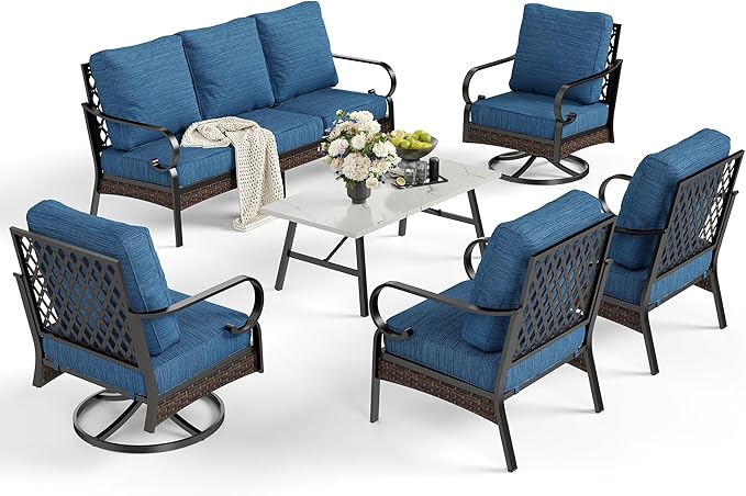SUNSHINE VALLEY 6 Piece Metal Outdoor Patio Furniture Set - 1 3-Seater Sofa, 2 Fixed & 2 Swivel Sofas with 5.75" Thick Cushion & Coffee Table - Black & Blue