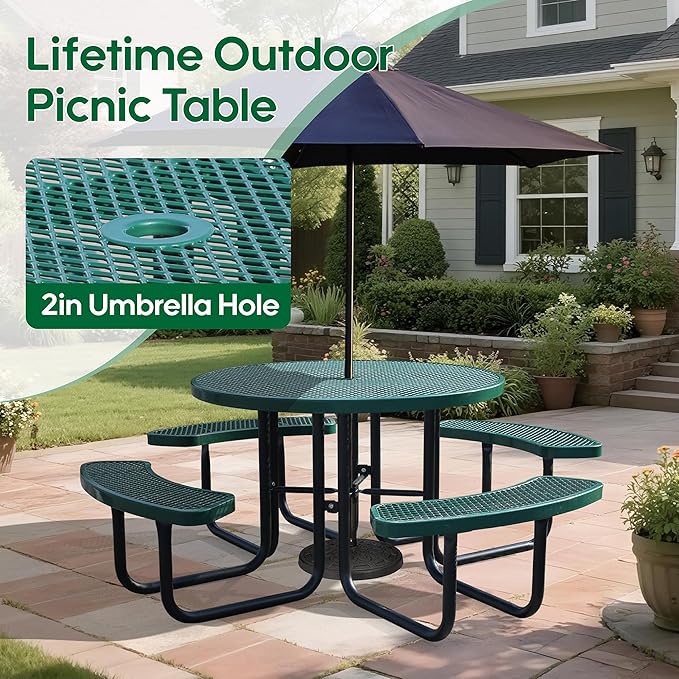 8-Person Outdoor Picnic Tables,46" Heavy-Duty Metal Round Picnic Table,Expanded Metal Commercial-Grade Table with 4 Benches & Umbrella Hole,Waterproof Coating Beach Table for Patio,Garden, Backyard