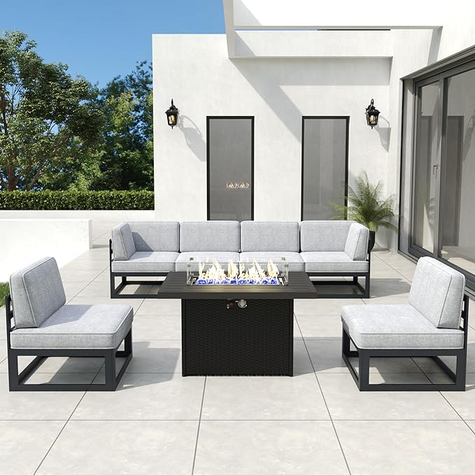 7 Pieces Aluminum Patio Furniture Set with Propane Gas 44" Fire Pit Table, Metal Outdoor Conversation Sofa Set with Seating Cushions