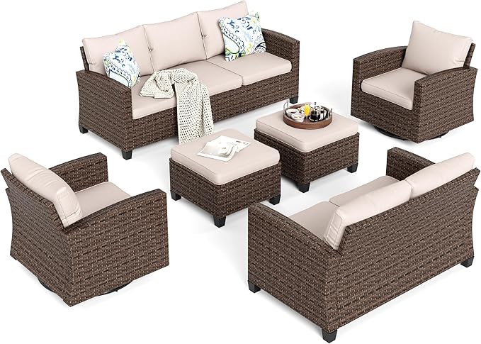HERA'S HOUSE Outdoor Patio Furniture Set with Swivel Glide Chairs, 6 Pieces Wicker Patio Conversation Sofa Sets for Backyard Porch Deck, Beige