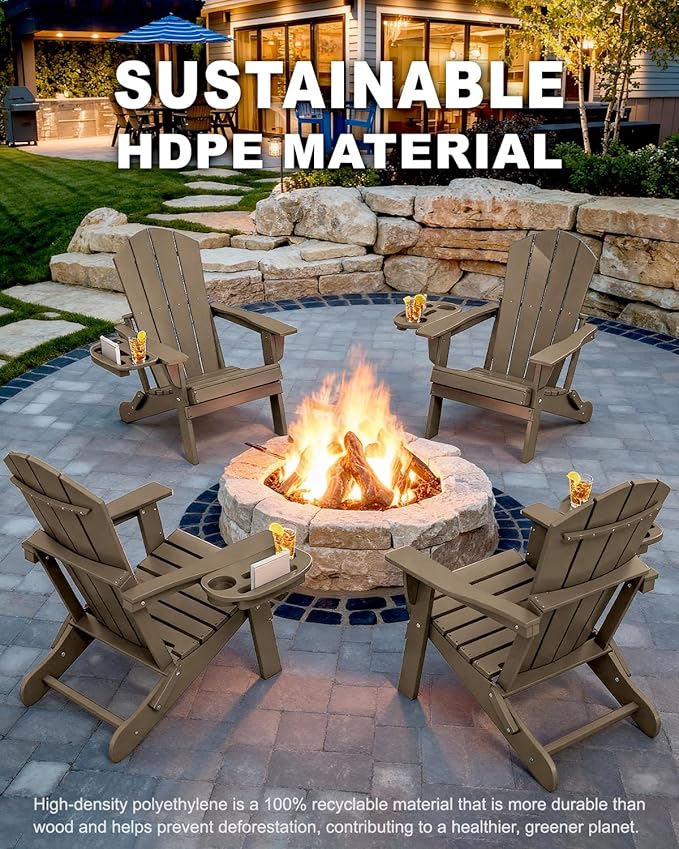 Adirondack Chair Set of 8, HDPE Folding Adirondack Chair with Multifunctional Cup Holder, Weather Resistant Fire Pit Chair for porches, patios, poolsides, Decks.