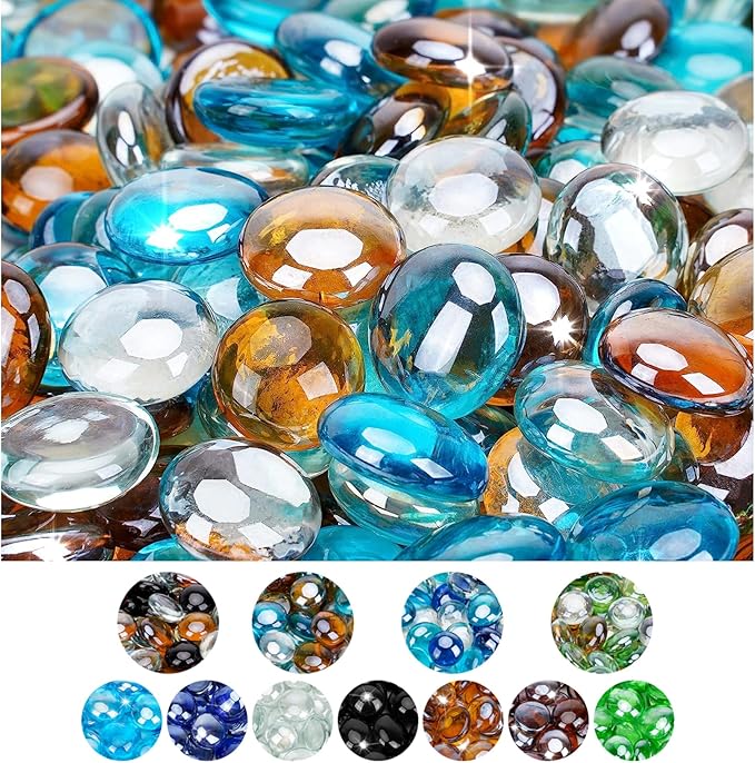 Mr. Fireglass 10 Pound Blended Fire Glass Beads, 1/2" High Luster Mixed Colored Fire Glass Drops for Fireplace Fire Pit & Lanscaping, Caribbean Blue, Crystal Ice, Caramel