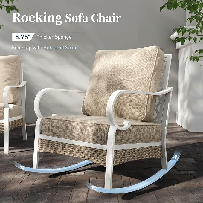 SUNSHINE VALLEY 4 Piece Metal Outdoor Patio Furniture Sets, Patio Conversation Sets 1 2-Seater Sofa, 2 Single Sofa with 5.75" Thick Cushion and Coffee Table, White Frame Backyard Furniture, Beige