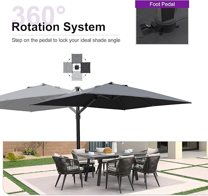 PURPLE LEAF 9' X 12' Rectangle Patio Umbrella with Base Large Cantilever Outdoor Umbrella Offset Umbrella with 360-degree Rotation Garden for Deck Backyard Pool Grey