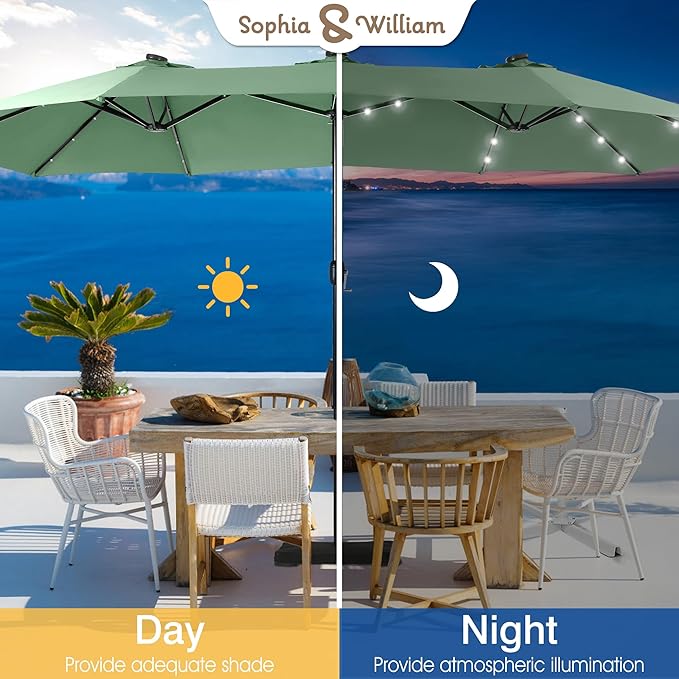 Sophia & William 15 ft Extra Large Patio Umbrella with Solar Lights, Rectangular Outdoor Umbrella with Base Included, Market Umbrella Double-sided Heavy Duty for Pool Garden Backyard, Mint