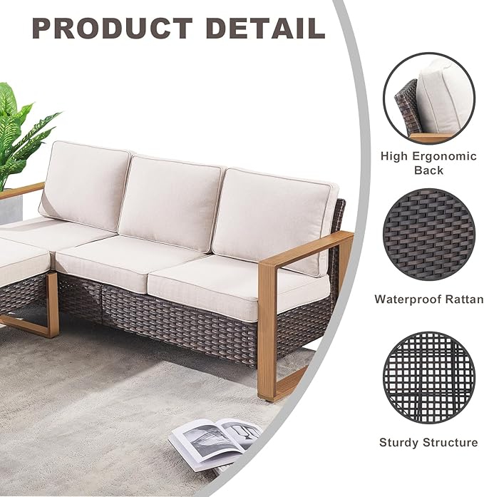 Rilyson Outdoor Wicker Patio Furniture Set - 7 Piece Patio Conversation Set with 4 Wicker Swivel Rocker Chairs,2 Rattan Ottoman and 1 Couch,Thick Cushions,Deep Seating,Wide Armrest(Brown/Beige)