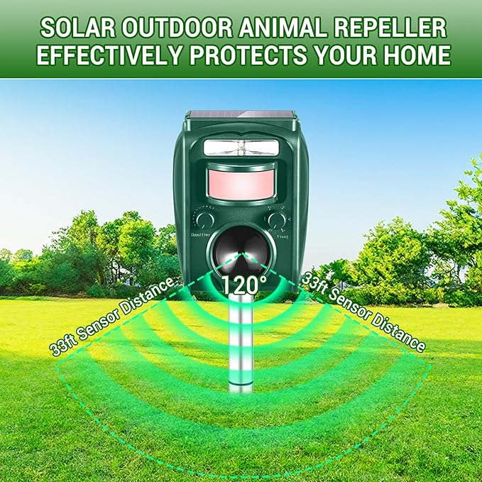 Solar Ultrasonic Animal Repellent Outdoor,Motion Detection & LED Flashing Strobes,Deer Repellent Devices Squirrel Cat Skunk Rabbit Raccoon Deterrent,Keep Critter Coyote Away Yard, Farm, Garden(Green)