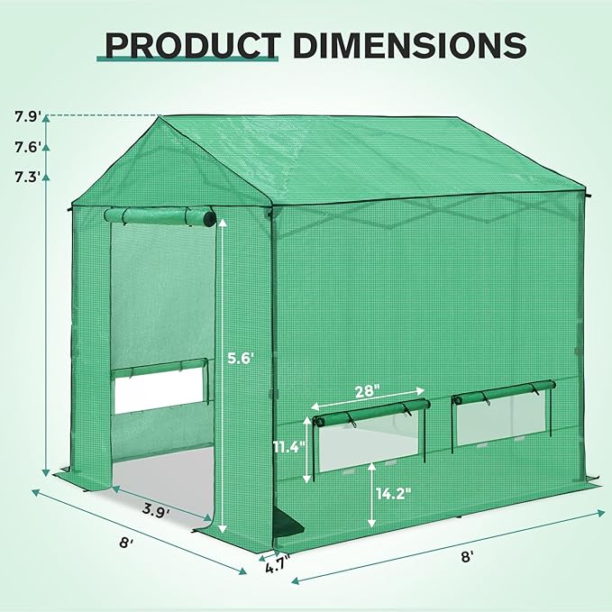 COOS BAY 8x8 FT Pop up Greenhouse Outdoor, Walk in Green House with Power Access Openings, Zippered Doors & Windows, Durable PE Cover, Green
