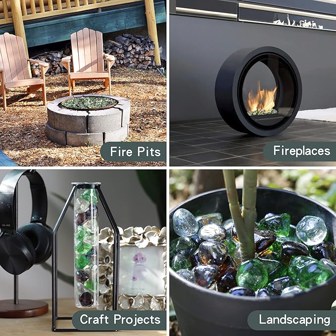 onlyfire 10-Pounds Fire Glass Diamonds for Propane Fire Pit, 1 Inch Blended Firepit Glass Rocks Stones for Gas Fireplace and Fire Pit Table, Emerald Green, Crystal Ice and Amber