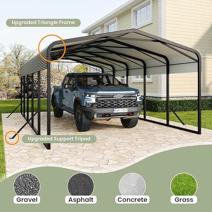 Unovivy 15x25 FT Metal Carport, Large Outdoor Heavy Duty Carport with Galvanized Steel Roof and 4 Support Feet, Spacious Vehicle Shelter for Cars, Boats, RVs, and Outdoor Equipment