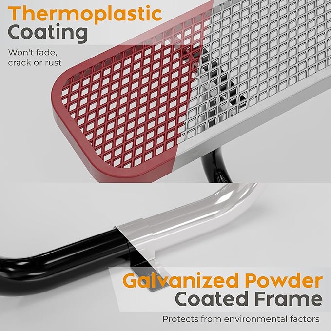 Metal Picnic Furniture for Outdoors with Umbrella Hole - Coated Steel Heavy Duty Commercial Grade Table with Adjustable Seats, Patio Set for a Lifetime (Red, 8' Rectangular)