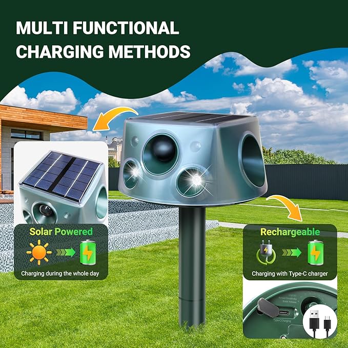 360° Deer Repellent Device, IP66 Waterproof Solar Ultrasonic Animal Repellent, Pest Repeller with Motion Detection & PIR Sensors, Cat Deterrent Outdoor for Repelling Sankes, Raccoons, Cats, Dogs