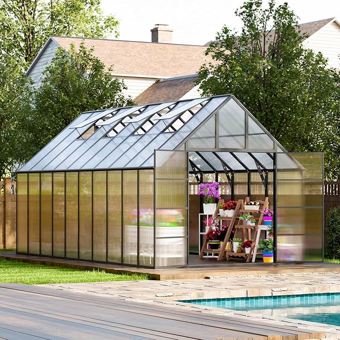 20x10x10 FT Outdoor Greenhouse, Easy Assembly Large Thicker Aluminum Polycarbonate Kit, 4 Vent Windows, Swing Door, Walk-in, for Sunroom, Patio, Backyard