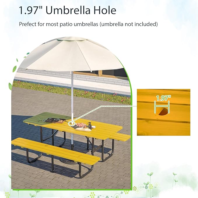 Rueekfil 72" Rectangular Commercial Picnic Table with Wooden Top, Metal Legs, Durable Outdoor Dining Table Camping Table with 1.97" Umbrella Hole for School, Warehouse, Yellow
