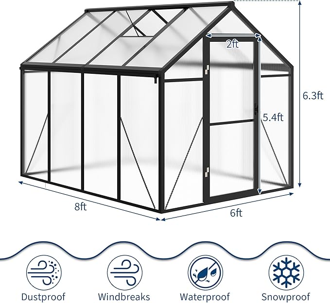 6 x 8 ft Greenhouse, Greenhouses for Outside, Polycarbonate Greenhouse with Aluminum Frame, Lockable Door and Ajustable Roof Vent for Backyard, Green Houses for Outside Garden Backyard, Patio