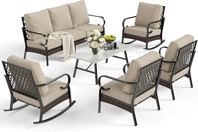 SUNSHINE VALLEY 6 Piece Metal Outdoor Patio Furniture Set, Patio Conversation Set 1 3-Seater Sofa, 2 Fixed Sofa, 2 Rocking Sofa with 5.75" Thick Cushion & Coffee Table Black Backyard Furniture, Beige