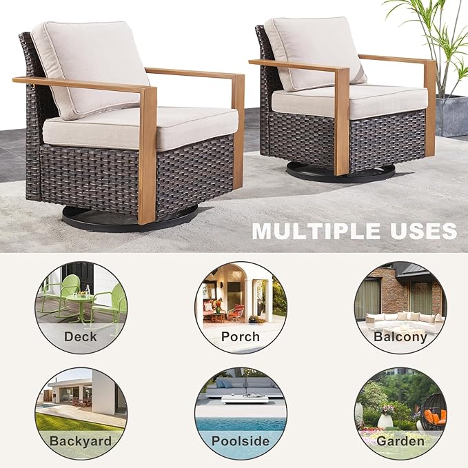 Rilyson Outdoor Wicker Patio Furniture Set - 4 Piece Patio Conversation Set with 2 Wicker Swivel Rocker Chairs,2 Rattan Ottoman, Thick Cushions, Deep Seating, Wide Armrest(Brown/Beige)