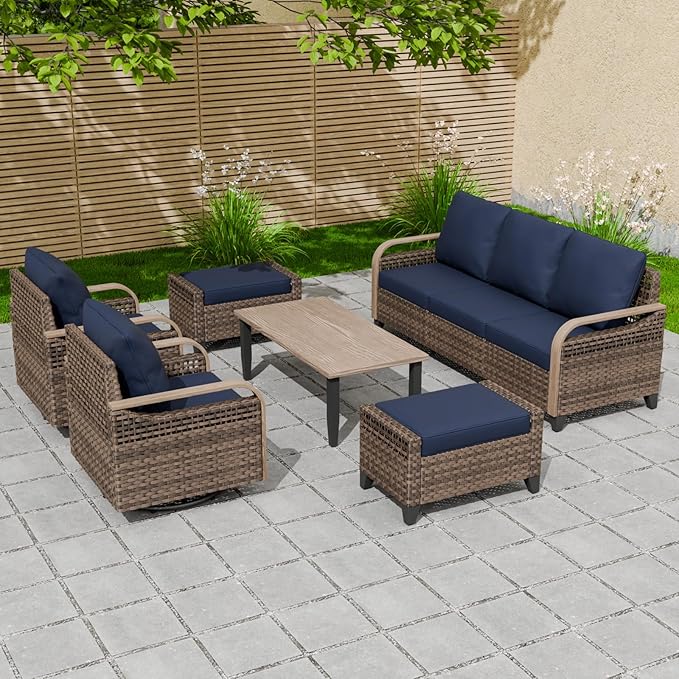 EAGLE PEAK Modern Wicker Outdoor Patio Furniture Set, Patio Conversation Set, 2 Swivel Rocking Chairs, 3-Seat Loveseat, 2 Ottomans and Coffee Table, 6 Pieces, Brown/Blue