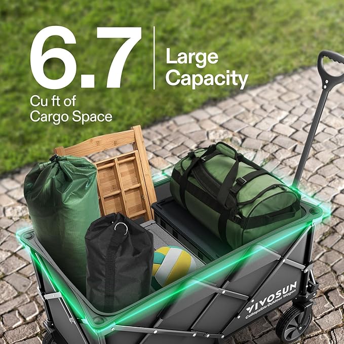 VIVOSUN Collapsible Folding Wagon, 350 lb Load-Bearing Outdoor Utility Cart with Silent Universal Wheels, Cup Holders &Side Pockets, Adjustable Handle, for Camping, Garden, Sports, Picnic, Shopping