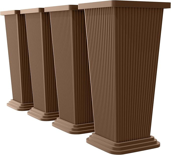 Set of 4 24" Tall Plastic Planters with Trays, Large Tapered Plant Pots for Indoor Outdoor Use, Modern Decorative Planters for Porch, Patio, Garden, and Backyard