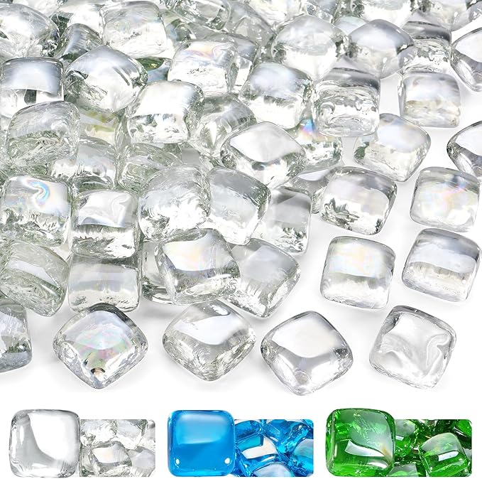 GasSaf Crystal Ice Fire Glass Cubes for Outdoor Fire Pit, Fireplace, Replaces Existing Gas Logs & Lava Rocks, 1 Inch Glass(10 Pound)(Crystal Ice Luster)