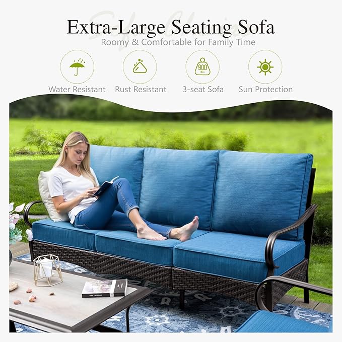 Sophia & William Patio Furniture Set with Fire Pit Table, 4 PCS Metal Outdoor Conversation Set with Fire Pit Table, 2 Sofa Chairs,3-Seater Couch for Outdoor Seating, Backyard, Porch(Navy)