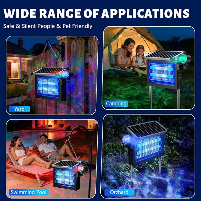 Solar Bug Zapper Outdoor with Projector Light, Waterproof Portable Fly Zapper 4500V, Rechargeable Electric Mosquito Killer, Cordless Fly Insect Mosquitos Trap for Patio Yard