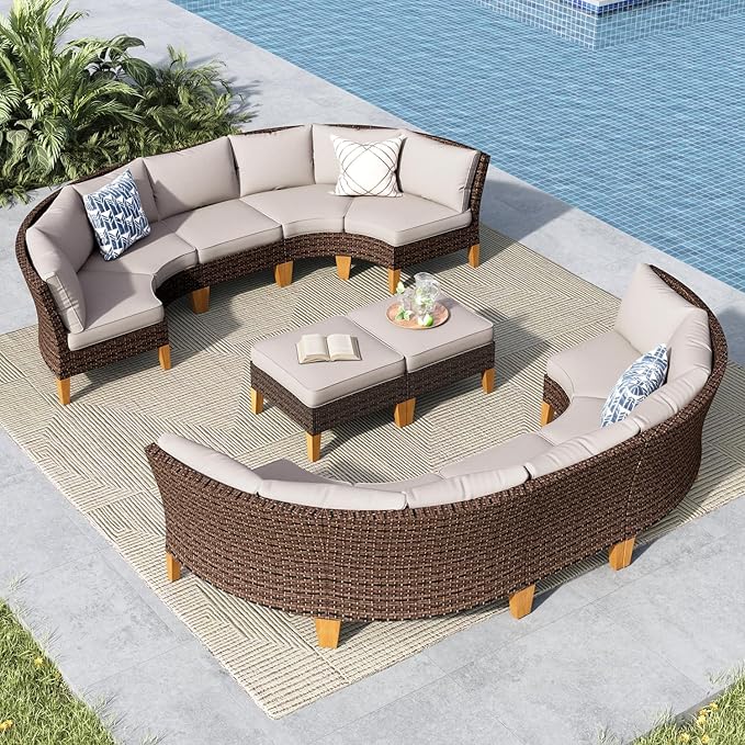 MFSTUDIO 12 Pieces Wicker Patio Furniture Set, All-Weather Rattan Outdoor Half-Moon Curved Sectional Sofa Set for Garden, Backyard, 8 x Curved Sofa, 2 x armless Sofa, 2 x Ottoman