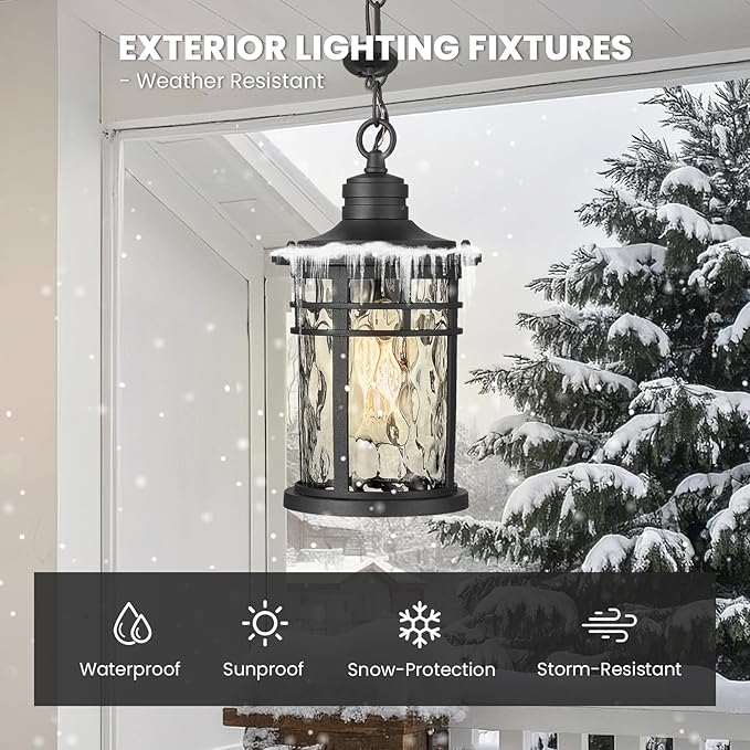 Naxttii Outdoor Pendant Lights for Porch Aluminum Hanging Porch Light with Water Ripple Glass Hanging Lantern for Front Patio Gazebo Foyer or Garage