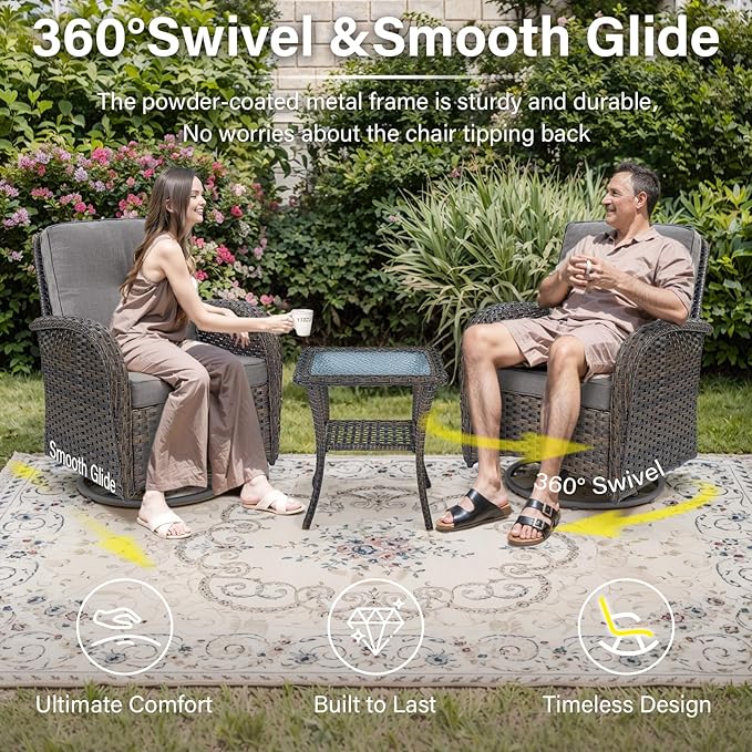 Patio Furniture Swivel Glider PE Wicker Chairs, Outdoor Swivel Rocker Seating with Cushions for Porch Deck Balcony, Brown/Gray