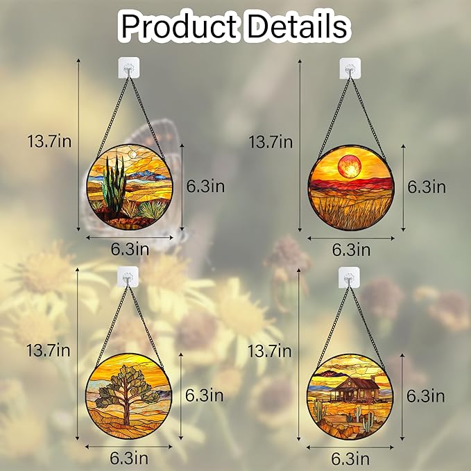 DASTOLL Stained Glass Window Hanging 4 Pcs Set Desert Sunset Theme Landscape 6.3" - Suncatcher Door Garden Sun Catcher Decor Birthday Christmas for Mom Woman Nana Men