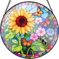Sunflower Stained Glass Window Hanging Suncatcher – Round Floral Glass Panel for Window, Garden, Wall Decor – Sunflower Gift Suitable for Birthdays and Mother's Day (12 Inch)