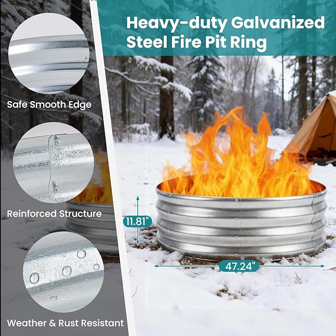 OLIXIS 4FT Round Fire Ring Pit, Outdoor Camp Firepit, Heavy Duty Galvanized Steel 48 Inch Foldable Outside Wood Burning Bonfire Fire Pit Ring for Camping, Backyard, Garden, Beach, Yard Gatherings