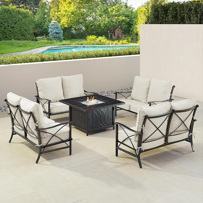 Oakland Living Black Aluminum Patio Fire Table Set with Four Deep Seating Loveseat with Cushions