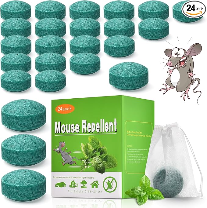 Mouse Rodent Repellent, 24 Pack Peppermint Oil Moth Balls for Rodents Indoor Outdoor Use, Safety for Humans & Pets, Squirrel Repeller, Spiders, Defense for Car Engines House