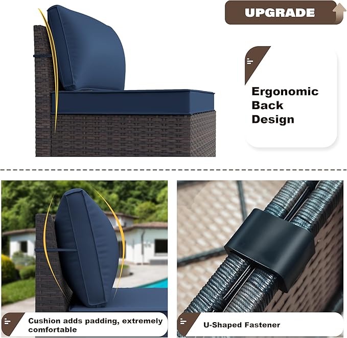Kurapika 12 Pieces Patio Furniture Set, Rattan Wicker Outdoor Conversation Sets w/4 Inch Cushion and Glass Coffee Table(Navy Blue)