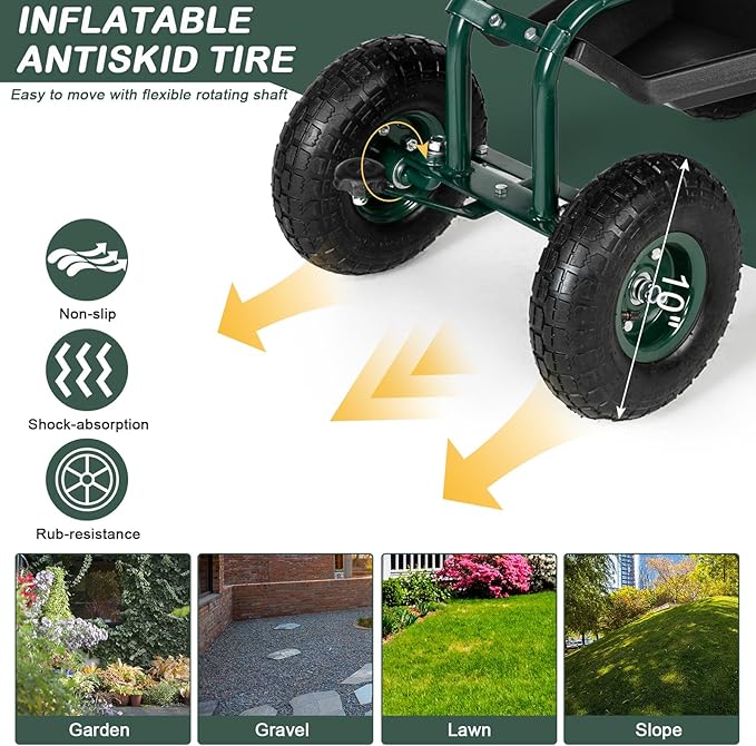 Outvita Garden Cart Gardening Workseat w/Wheels, Rolling Work Seat with Adjustable 360 Degree Swivel Seat, Basket and Tool Tray, Patio Wagon Scooter for Lawn Yard Outdoor Planting（Green）