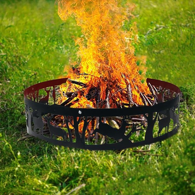Fire Pit Ring Outdoor Steel: Heavy Duty Round Firepit Ring with Patterned Cutouts for Backyard Camping & Beach Bonfires 36Inch