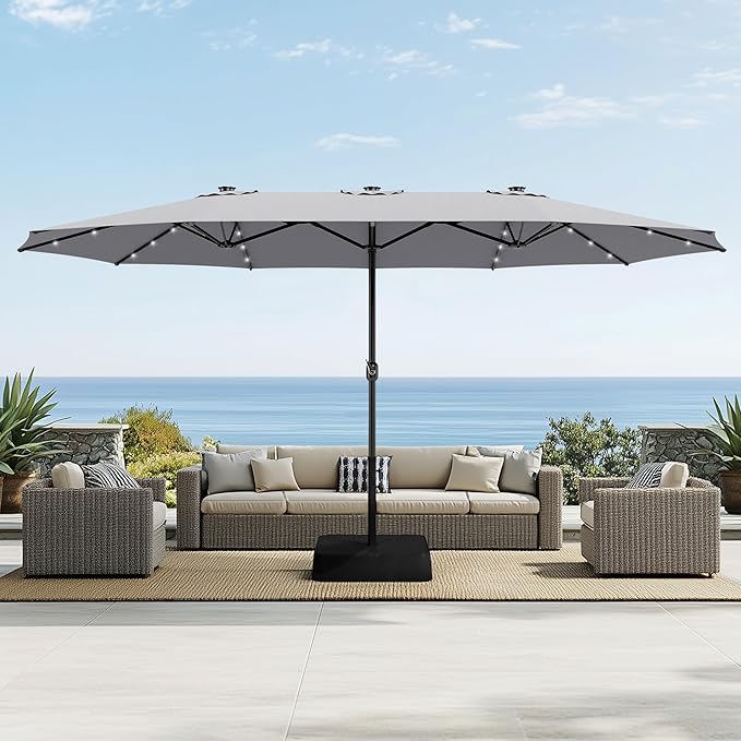 Sophia & William 15 ft Extra Large Patio Umbrella with Solar Lights, Rectangular Outdoor Umbrella with Base Included, Market Umbrella Double-sided Heavy Duty for Pool Garden Backyard, Smoky Gray